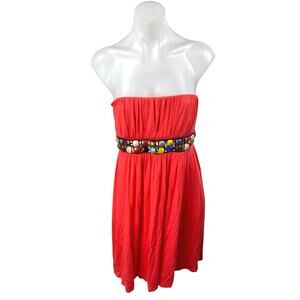 Ariella Red Multicolor Beads Strapless Sleeveless Mini Bandeau A-line Dress Sz S